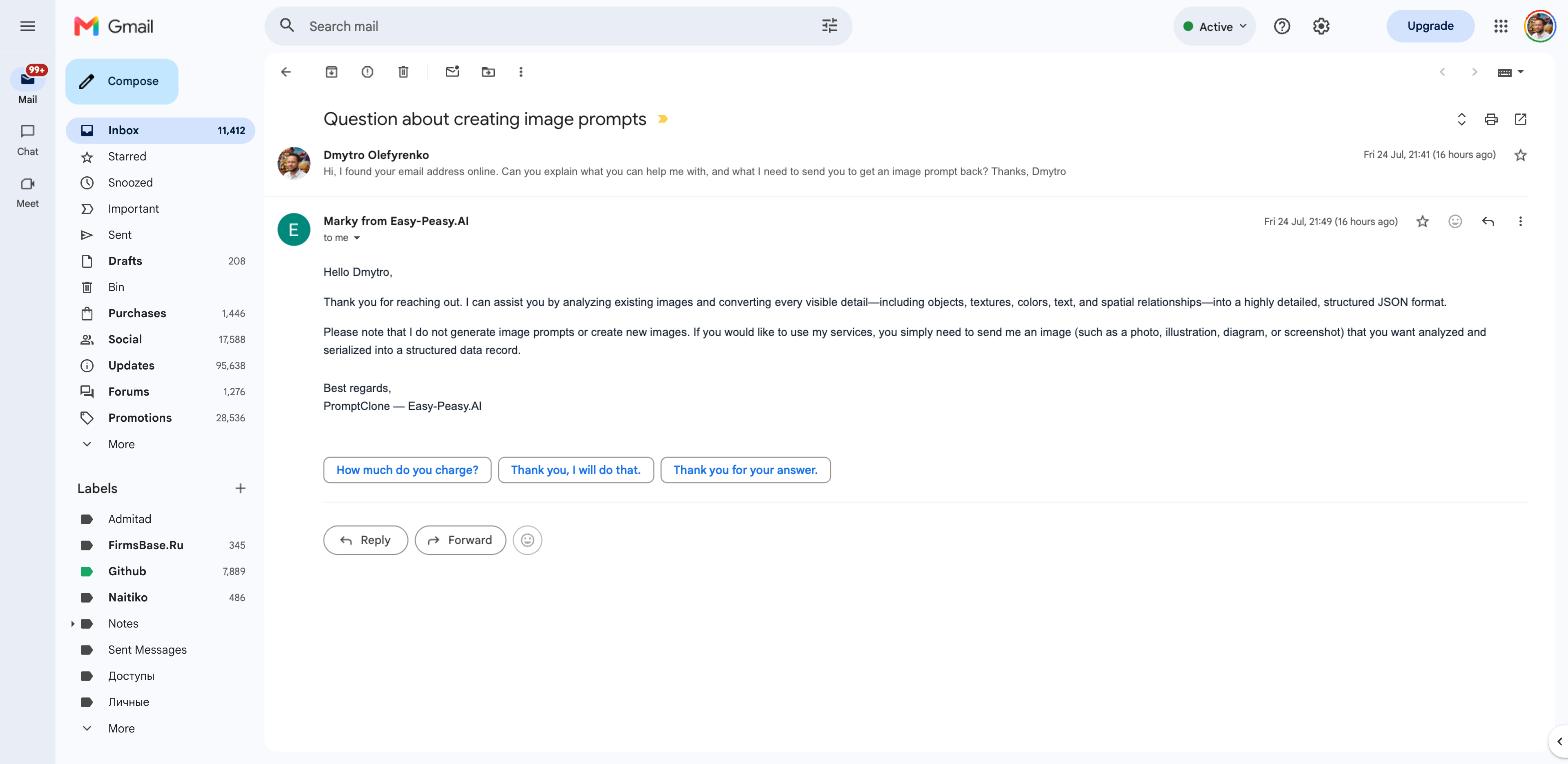 AI agent email integration reply in Gmail showing an automatic answer from an Easy-Peasy.AI bot
