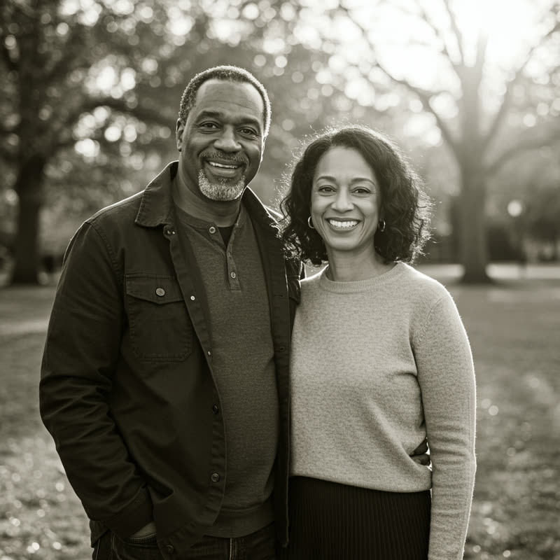 Still sepia portrait of a smiling couple standing in a park, before AI animation