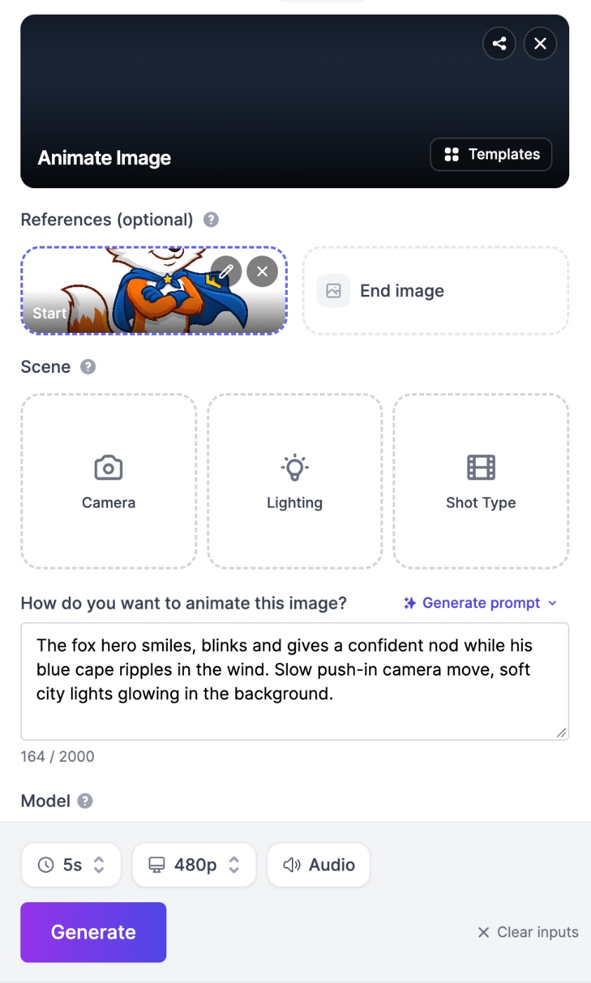 Easy-Peasy.AI Video Generator form for animating a picture, with a cartoon fox as the Start image, Scene options and a motion prompt