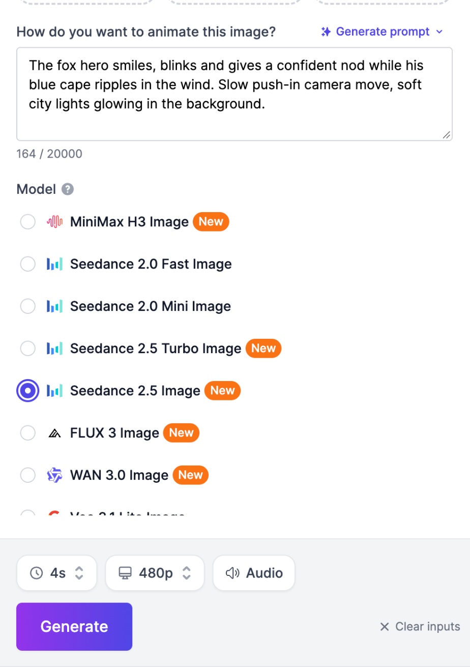 Image-to-video model list in the Easy-Peasy.AI Video Generator with Seedance 2.5 Image selected