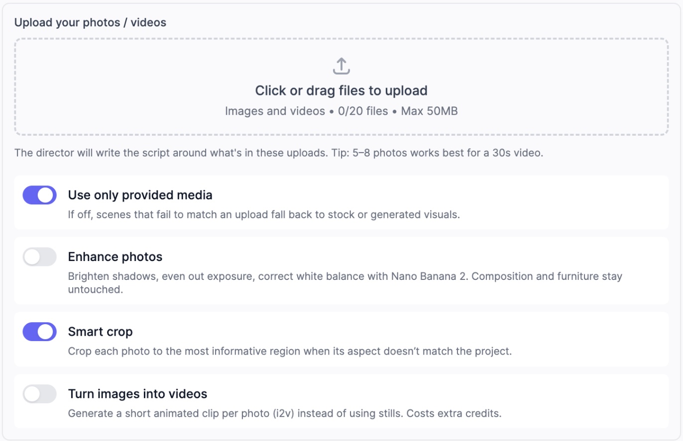 Your own media panel in the Video Agent with an upload box and the Use only provided media, Enhance photos, Smart crop and Turn images into videos switches