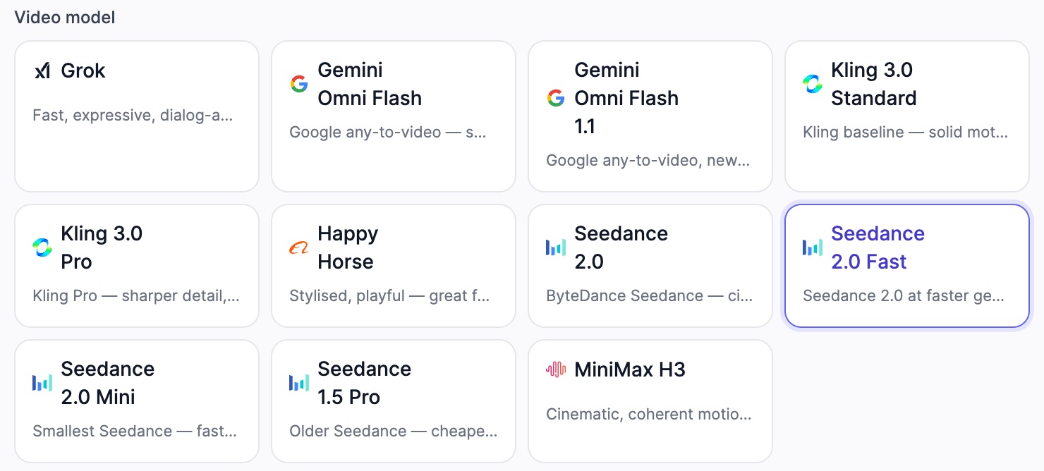 Video model picker in the Video Agent for an AI documentary, with Grok, Gemini Omni Flash, Kling 3.0, Happy Horse, Seedance and MiniMax H3 models