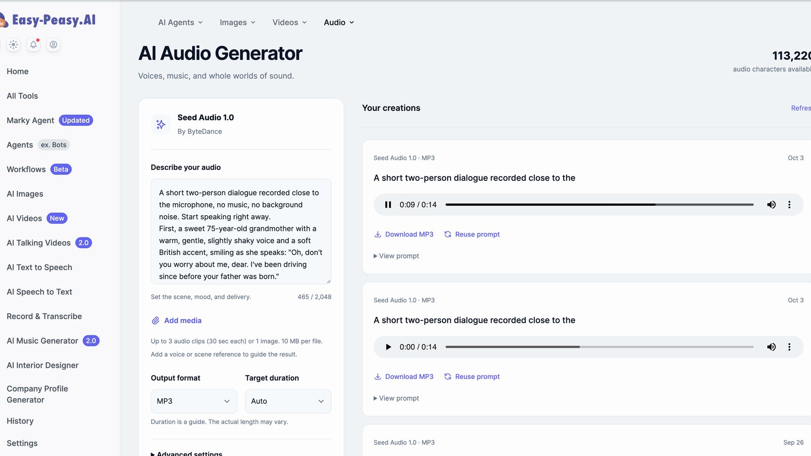 AI Audio Generator making a two-voice cast clip for an AI short film