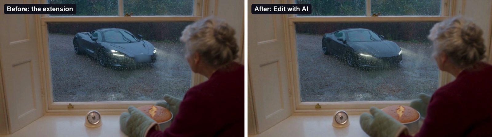 Before and after Edit with AI: the extension's silver car replaced with the film's black coupe