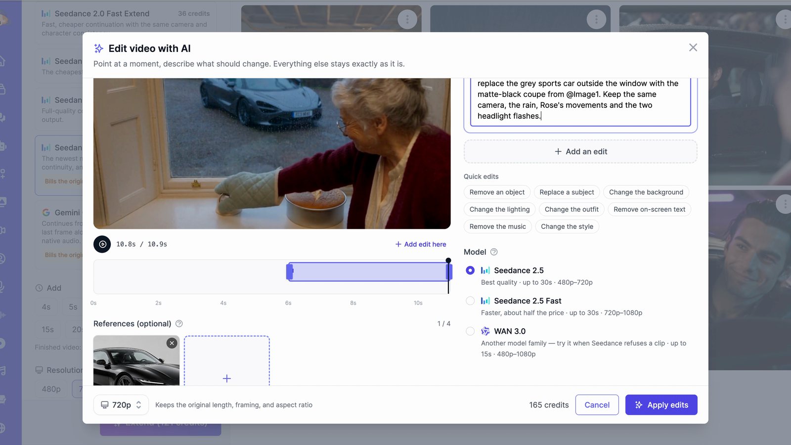 Edit with AI replacing a car between 6 and 11 seconds of an AI video, using a reference image