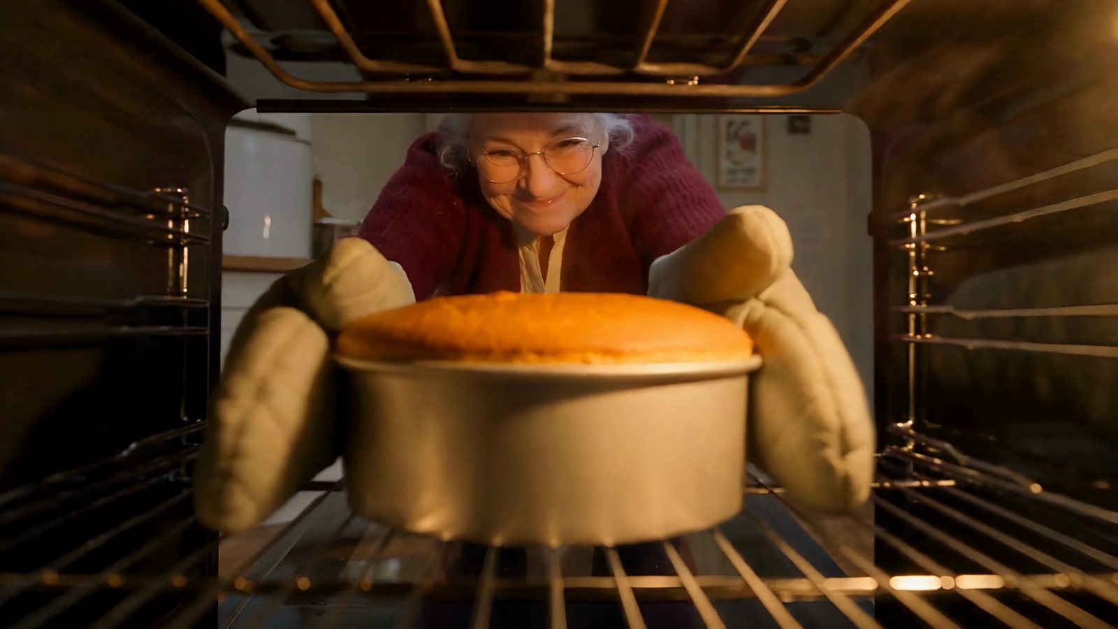 Grandma Rose taking the finished cake out of the oven at the end of an AI short film