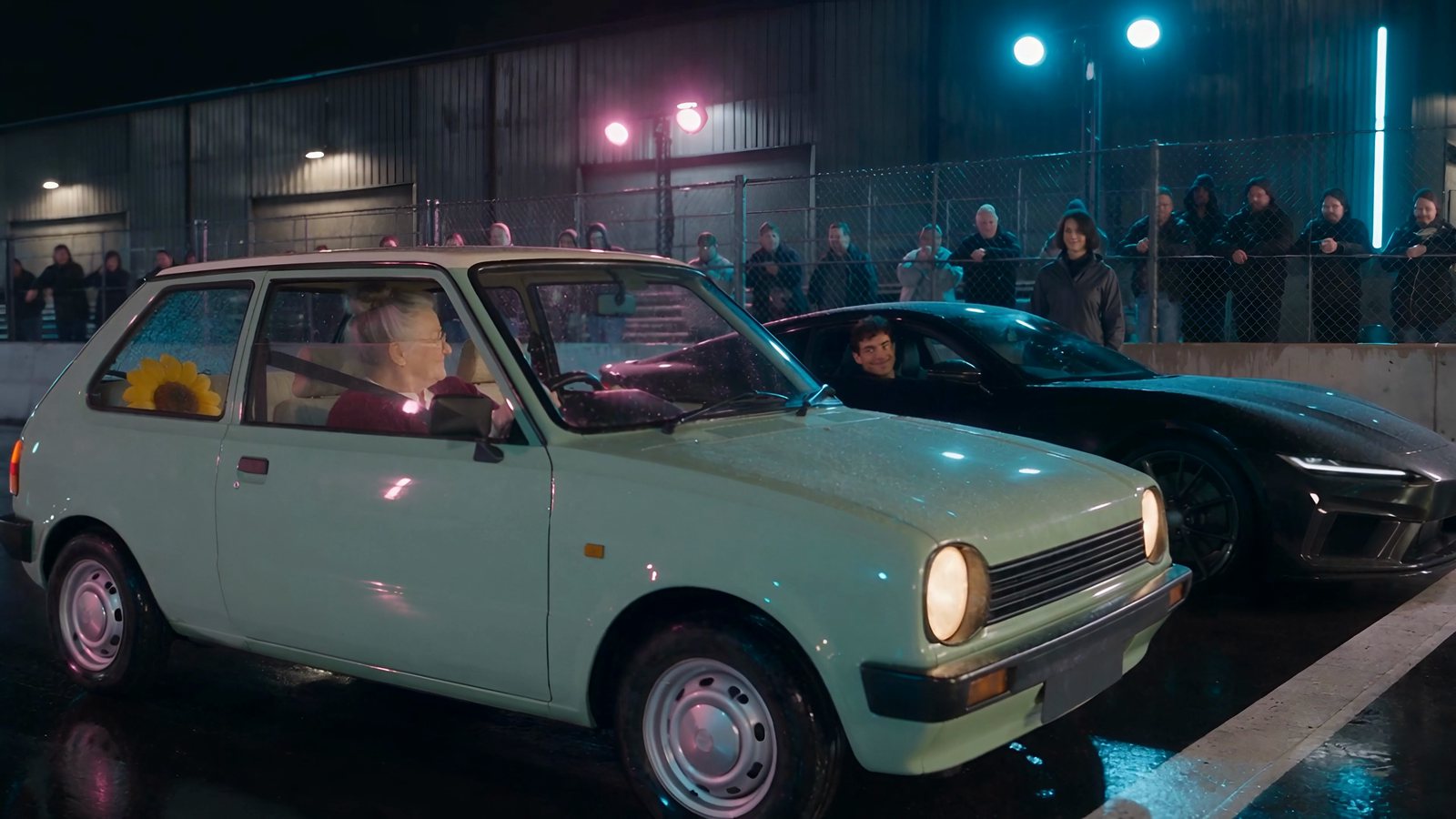 AI short film made with Seedance 2.5: Grandma Rose in her mint-green hatchback at an underground race start line, next to a black sports coupe