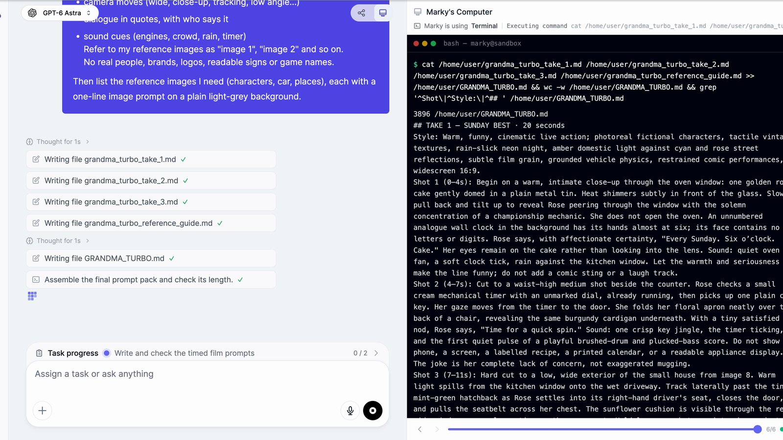 Marky AI agent writing the script and Seedance 2.5 prompts for an AI short film, with the take files open in the side panel