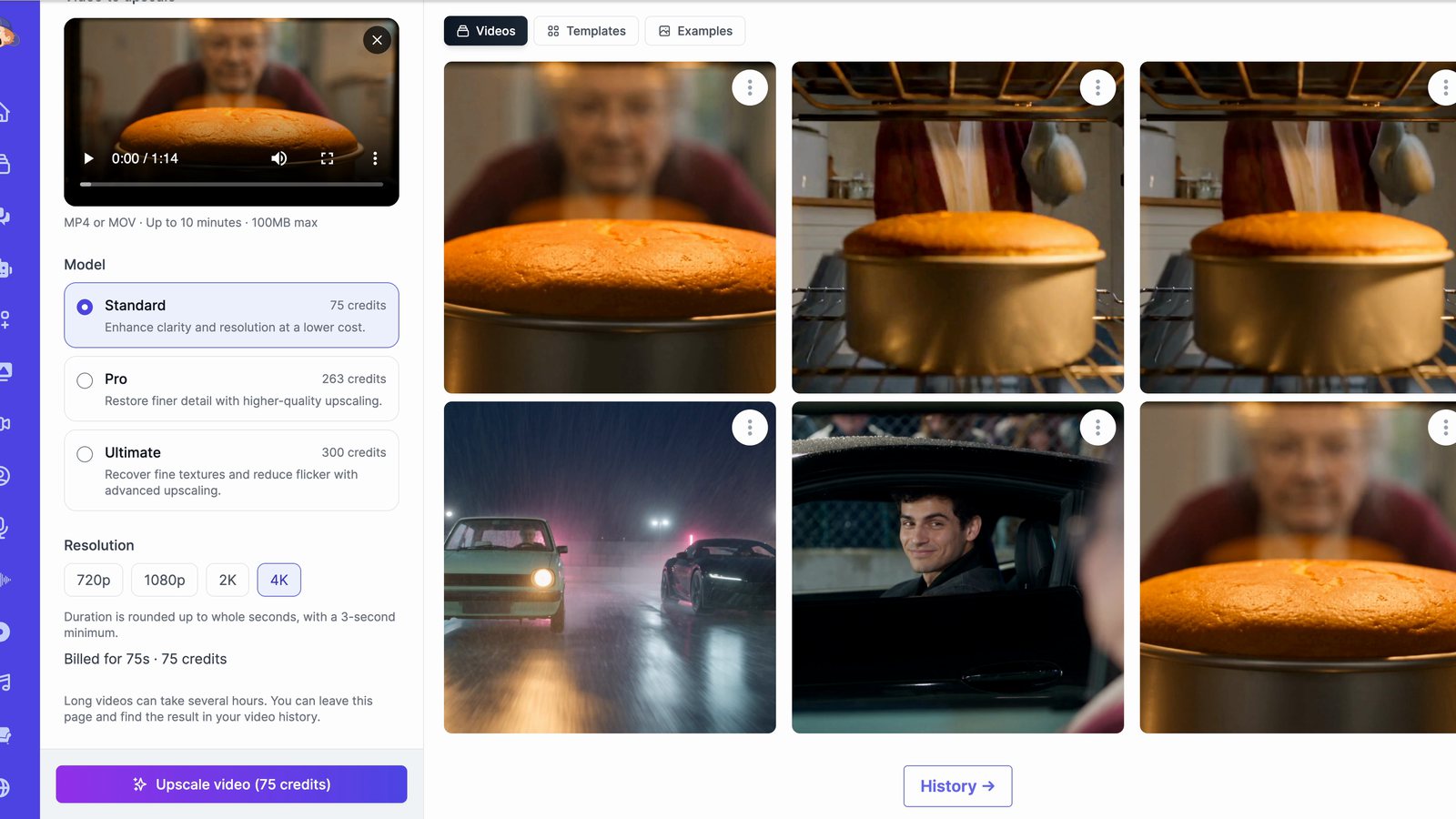 Video Upscaler set to 4K with the Standard model, billed 75 credits for a 75-second AI short film