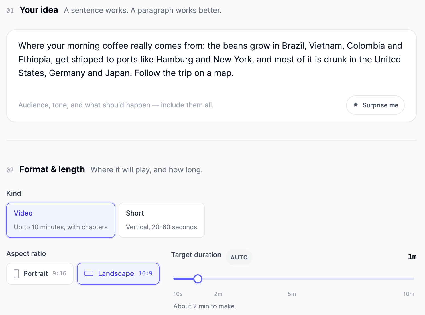 Video Agent form with the coffee explainer prompt in Your idea, Kind set to Video, Landscape 16:9 and a one minute target duration