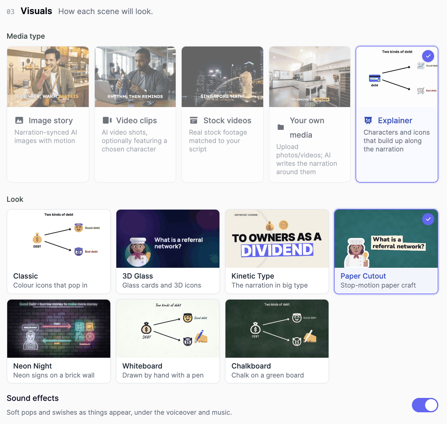 Visuals section of the Video Agent with the Explainer media type selected, the seven explainer looks and the Sound effects switch