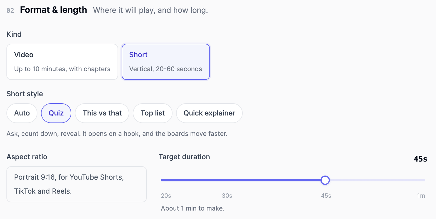 Explainer Short settings with Kind set to Short, the Quiz short style selected, a portrait 9:16 note and a 45 second duration