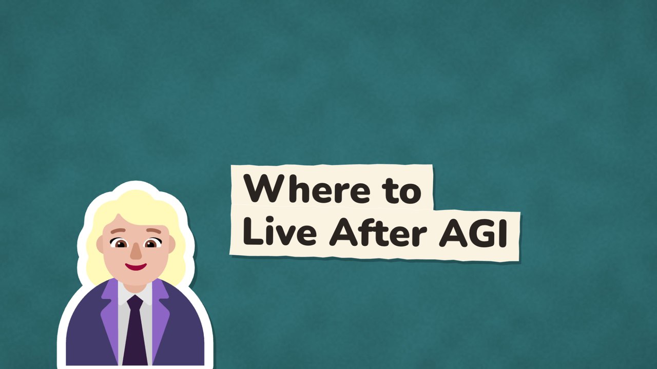 Paper Cutout title board with a sticker figure of a woman next to the title Where to Live After AGI on torn paper strips