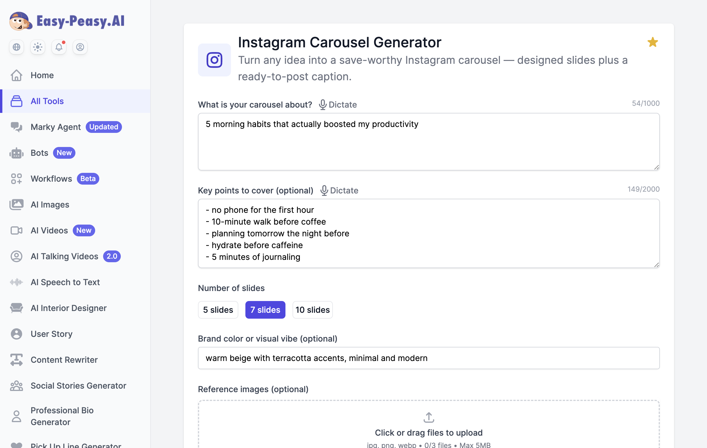 Filling in the Instagram Carousel Generator with a topic, key points, slide count, and brand vibe