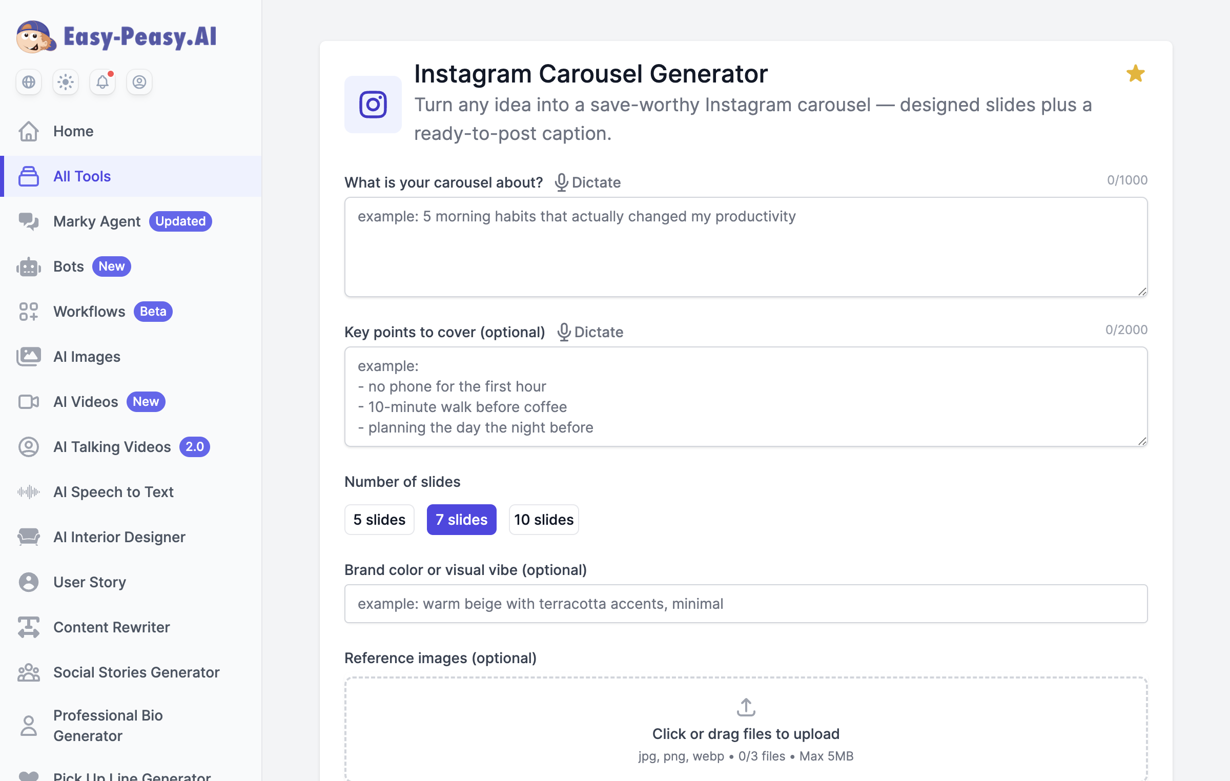 Instagram Carousel Generator interface in Easy-Peasy.AI with fields for topic, key points, and number of slides