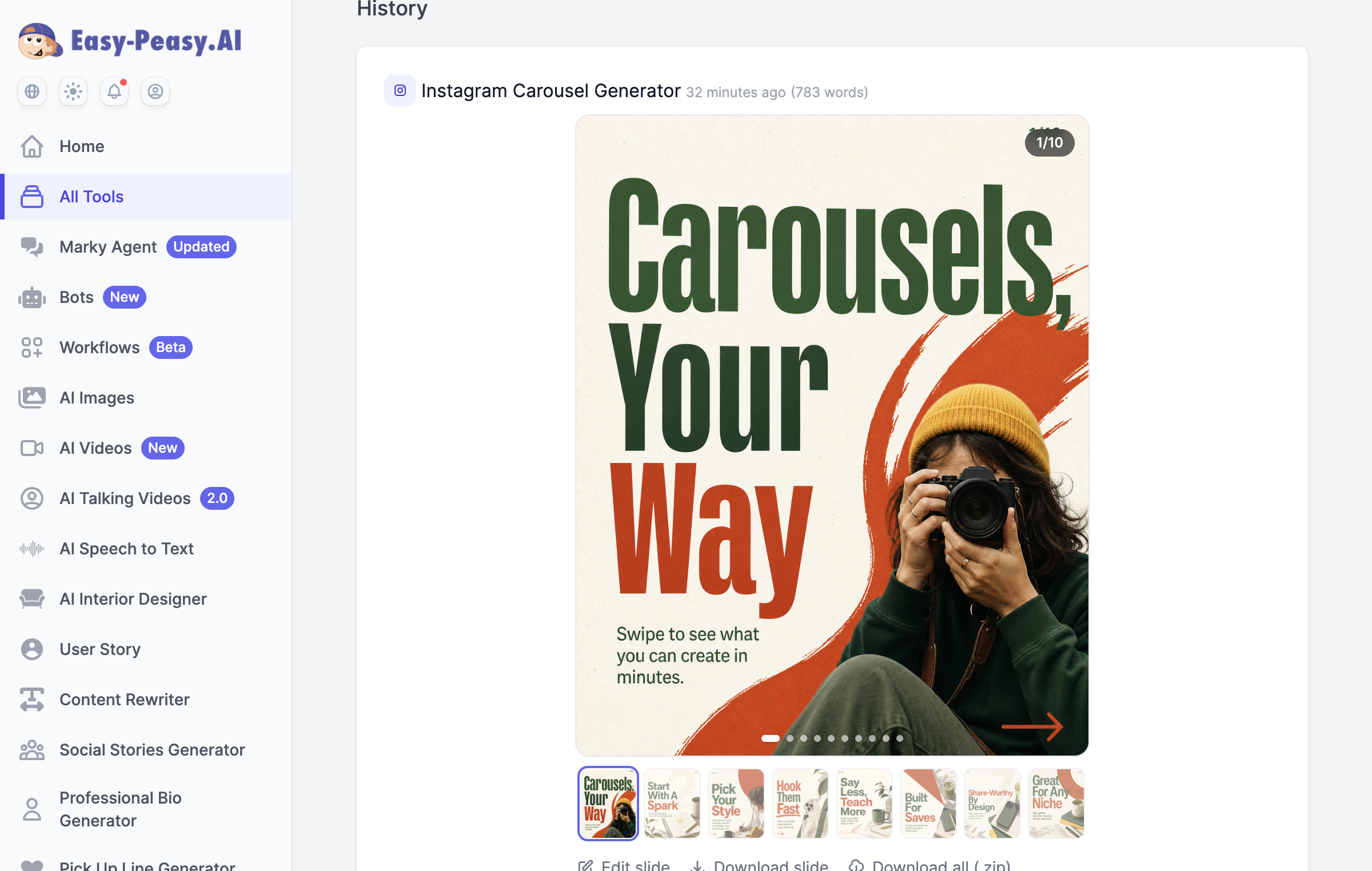 Instagram Carousel Generator output showing a designed, swipeable AI carousel in Easy-Peasy.AI