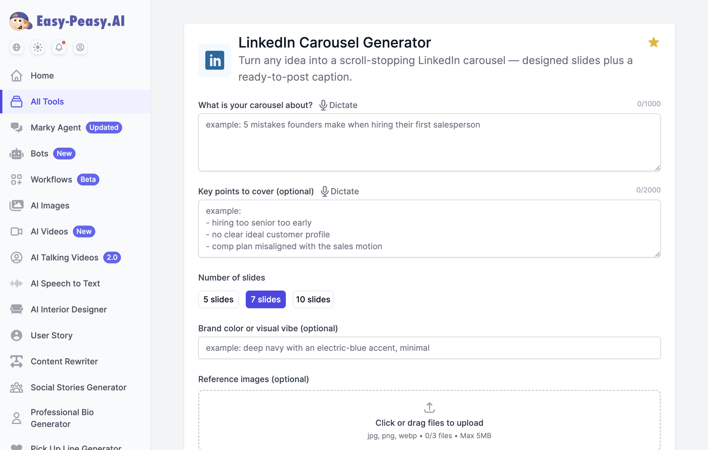 LinkedIn Carousel Generator interface in Easy-Peasy.AI with a business topic example