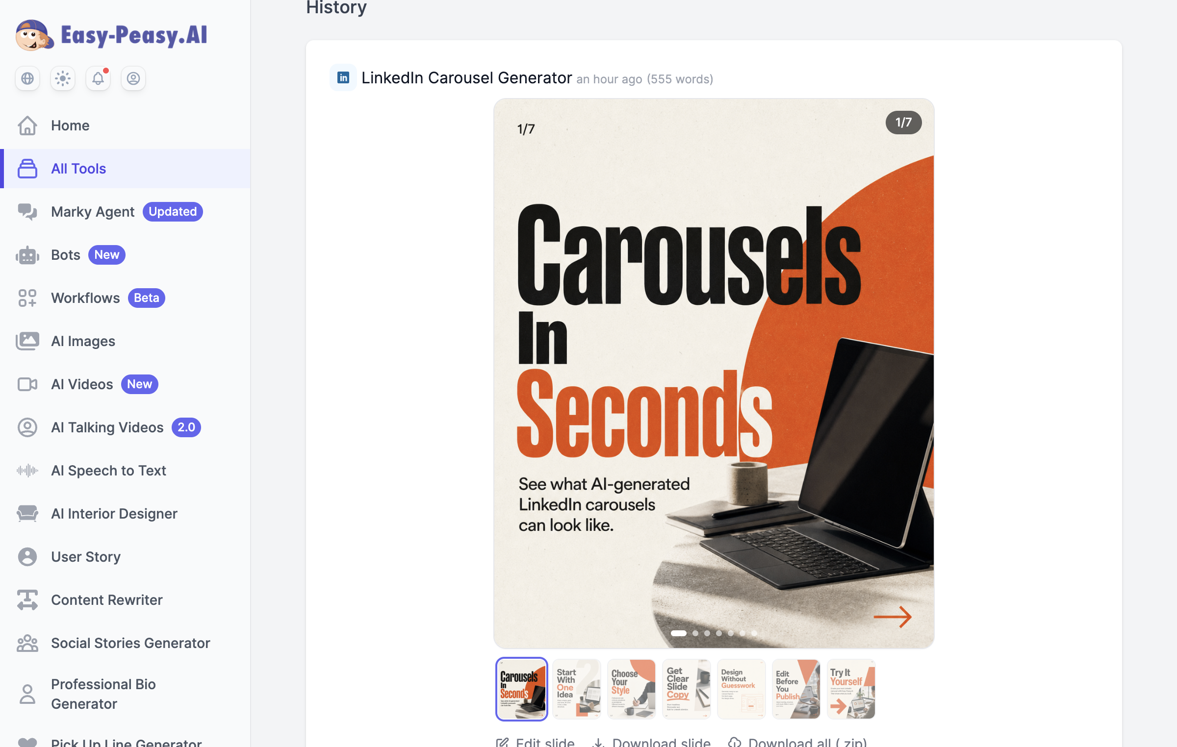 A finished AI-generated LinkedIn carousel shown in the Easy-Peasy.AI slide viewer