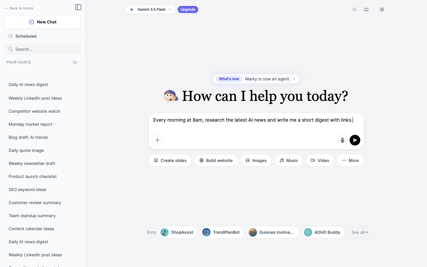 Marky Agent chat interface on Easy-Peasy.AI used to automate tasks with AI