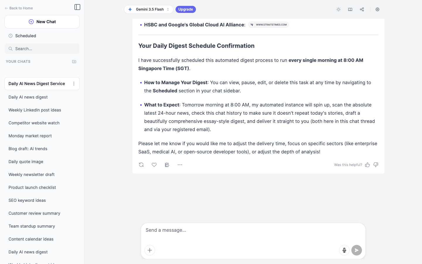 Marky Agent confirming a scheduled daily AI news automation in the chat, showing the run time and timezone