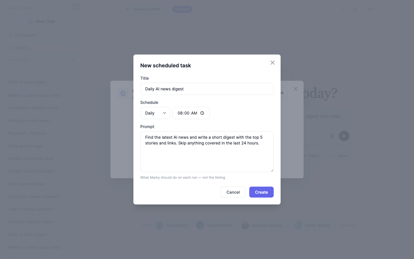 New task form in Marky Agent for creating an AI automation with title, schedule, and prompt