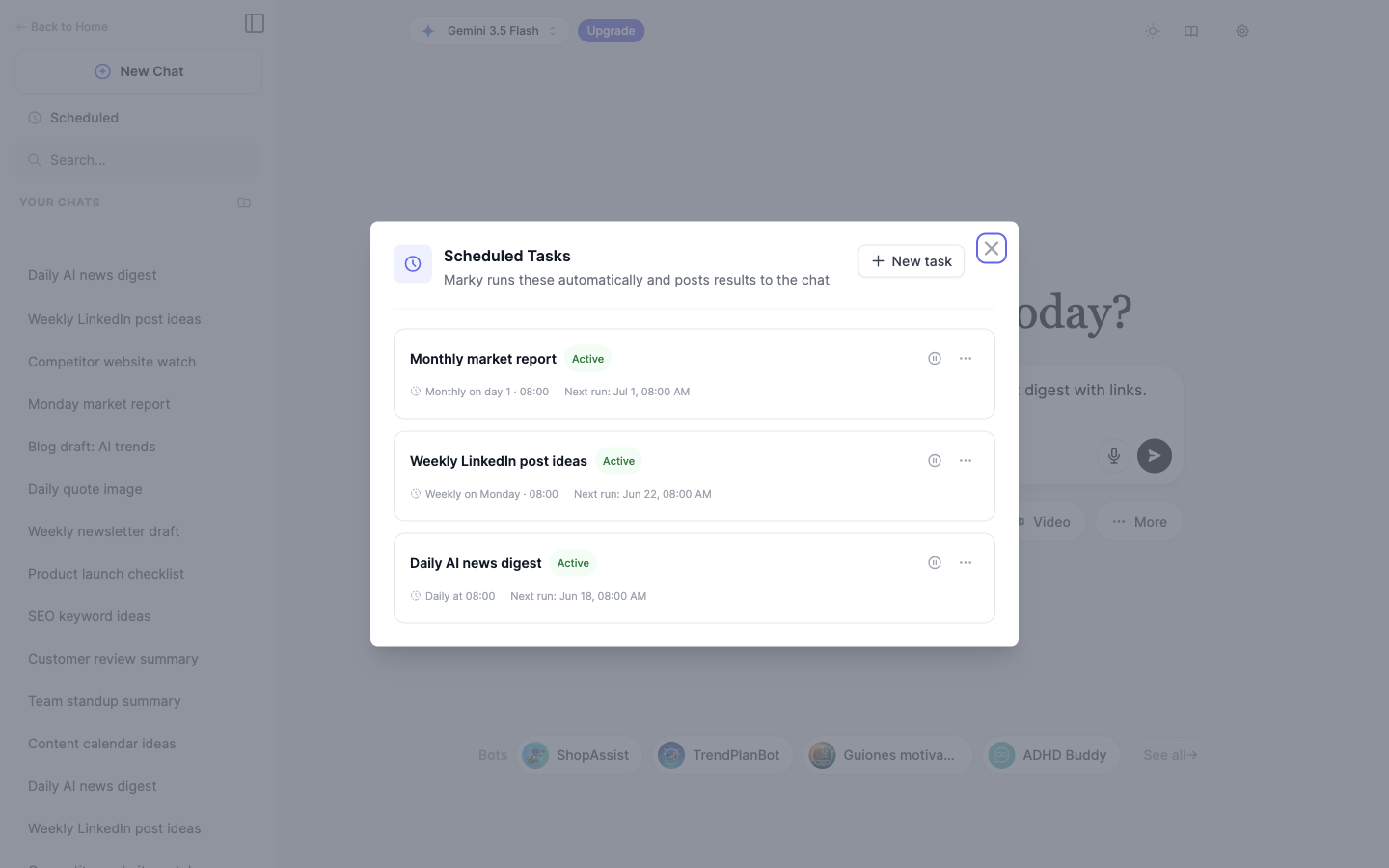 Scheduled Tasks panel in Marky Agent listing automated AI tasks with status and next run time