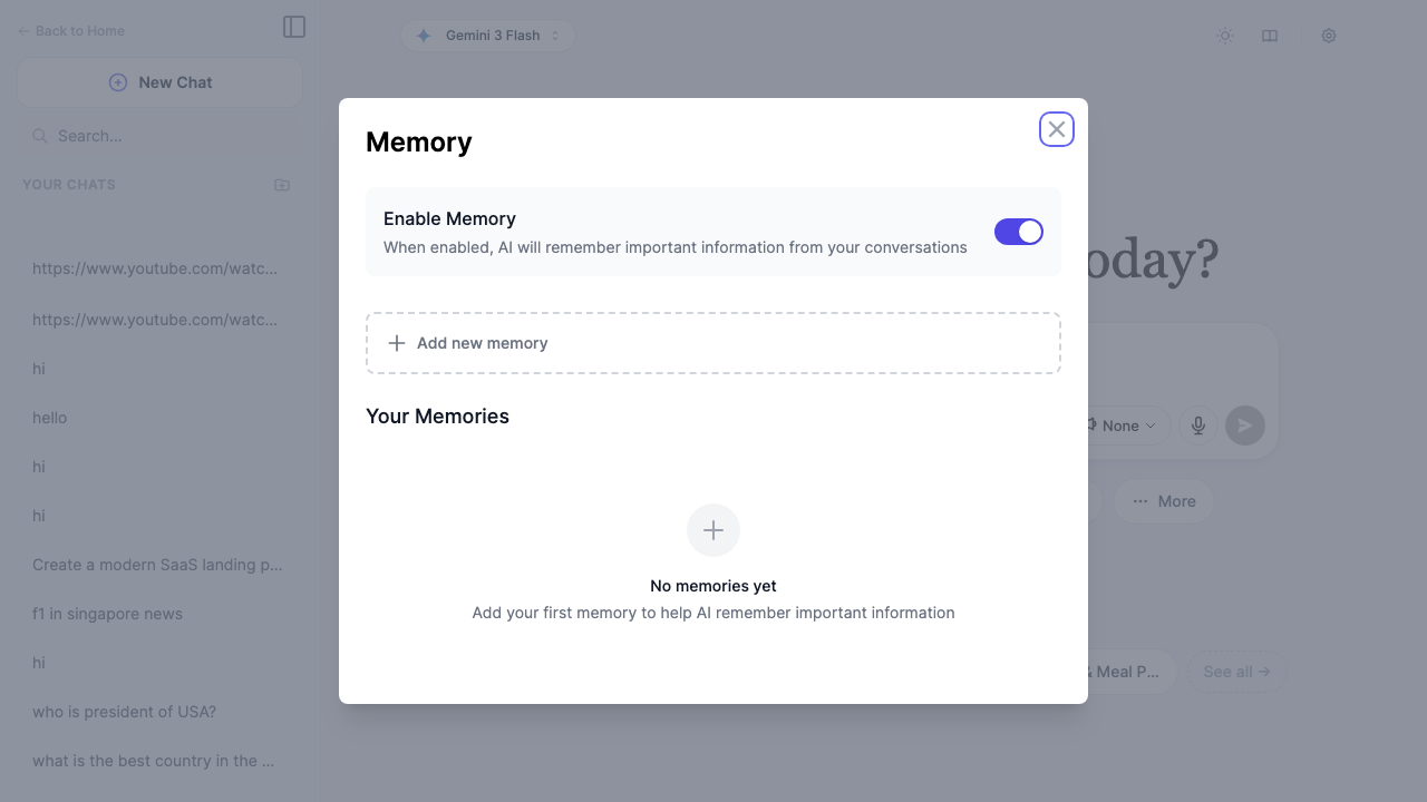 Marky memory settings showing the Enable Memory toggle for persistent context
