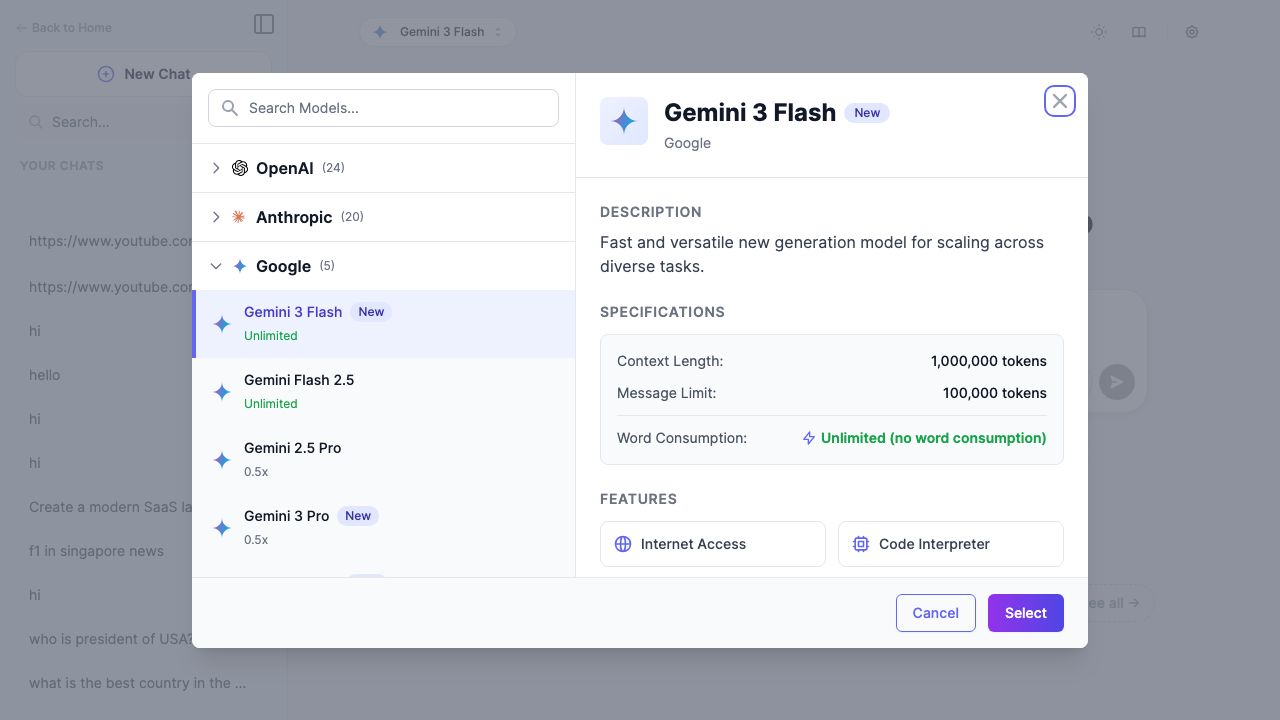 Marky model selector showing 24 OpenAI models, 20 Anthropic models, and 5 Google models available