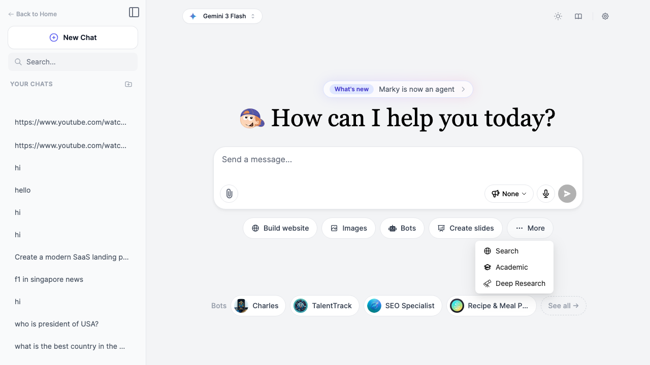 Marky More dropdown showing Search, Academic, and Deep Research modes