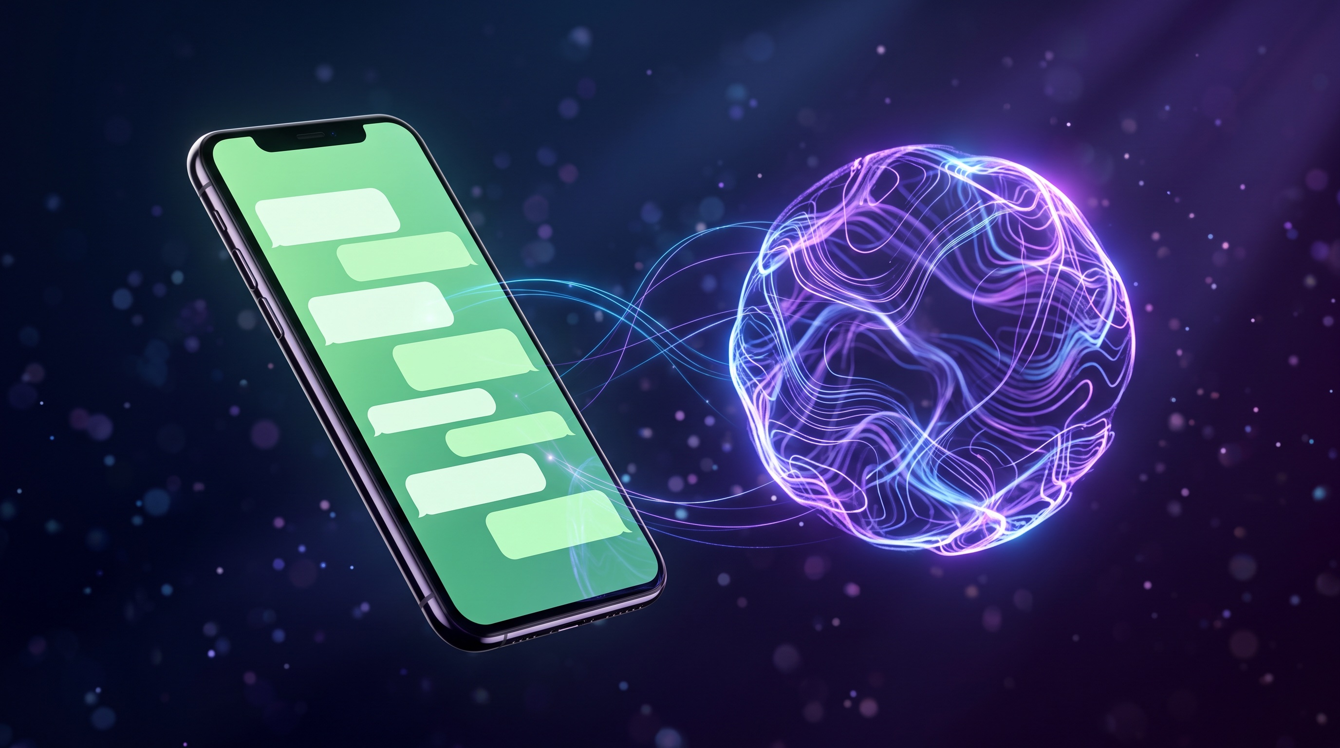 A smartphone showing a green WhatsApp-style conversation linked by glowing threads to an abstract AI sphere
