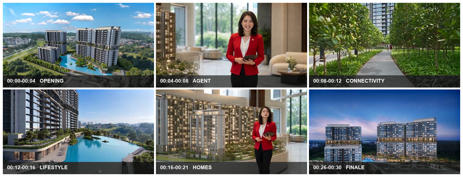 Six beats of a 30-second AI property launch video shown as labelled frames with timestamps