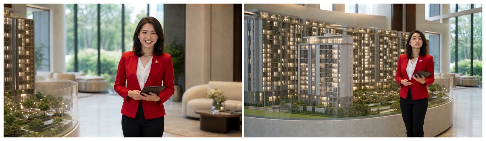 The same AI presenter appearing consistently in two different shots of a property launch video