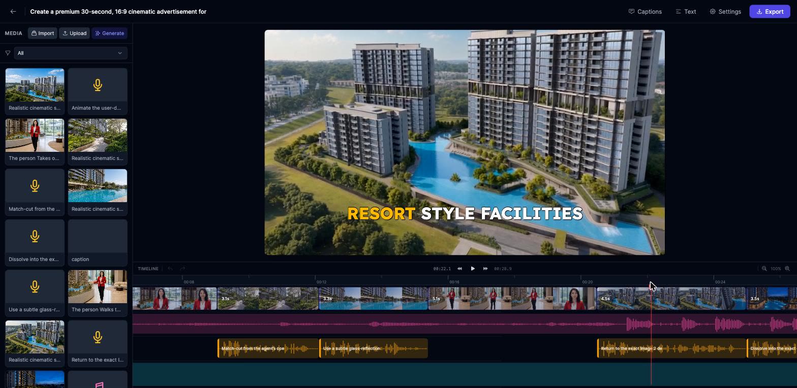 Word-by-word animated captions over an AI property video in the Easy-Peasy.AI video editor timeline