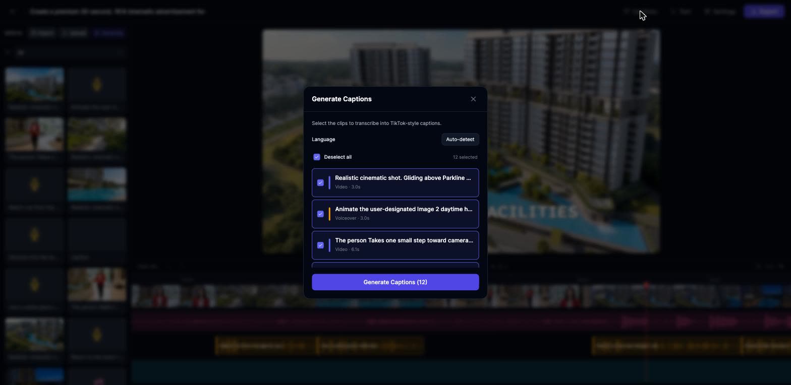 The Generate Captions dialog in the Easy-Peasy.AI video editor, selecting clips to transcribe