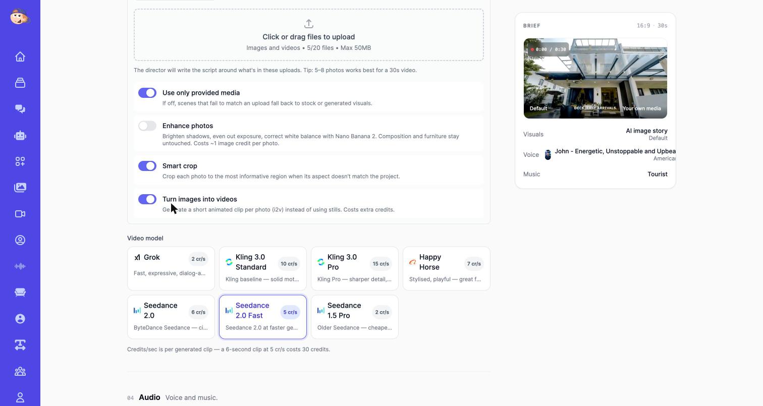 Video Agent form configured for a real estate video: media options on, Seedance 2.0 Fast selected