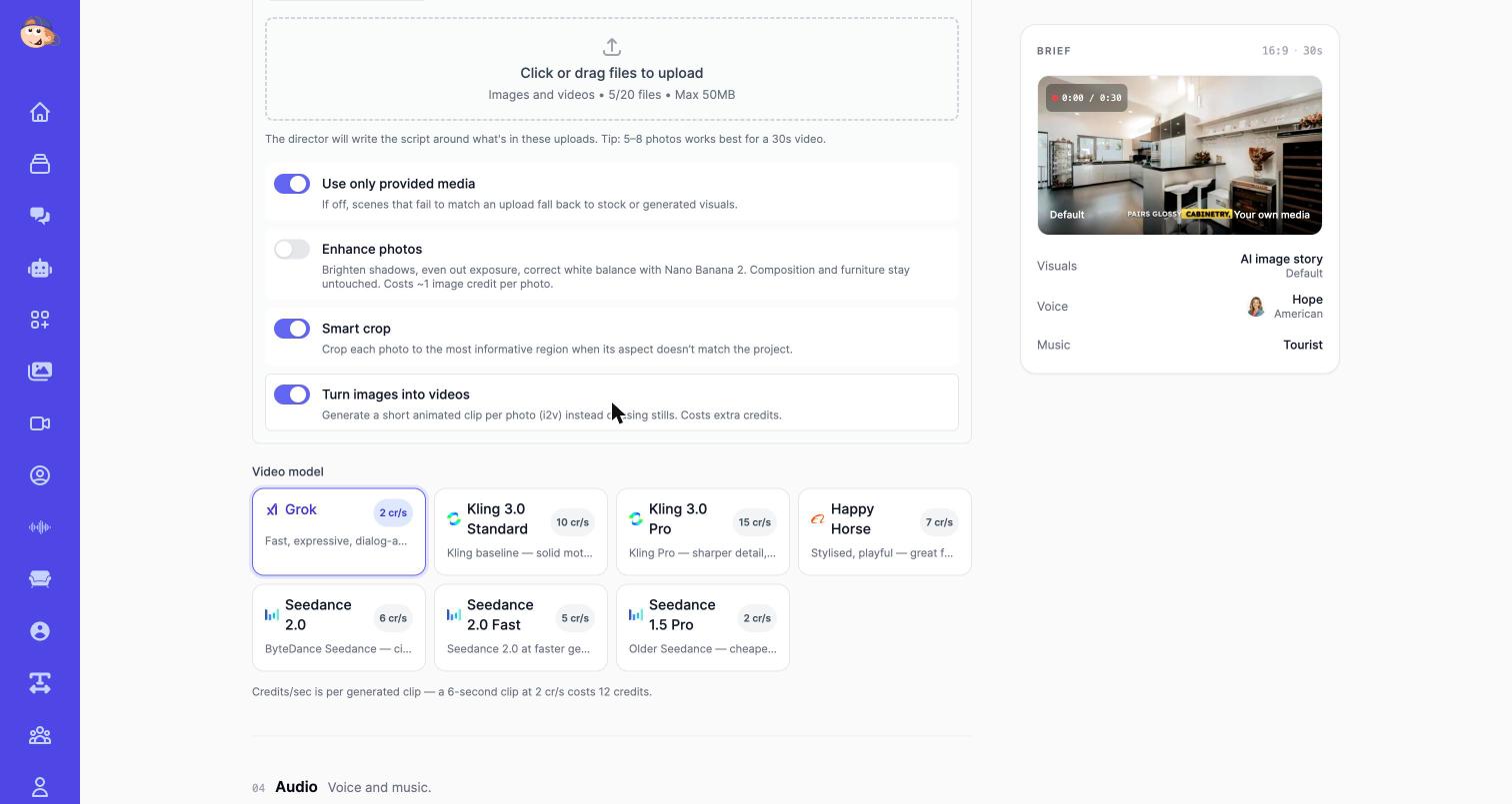 Your own media options in the Video Agent: use only provided media, enhance photos, smart crop, and turn images into videos