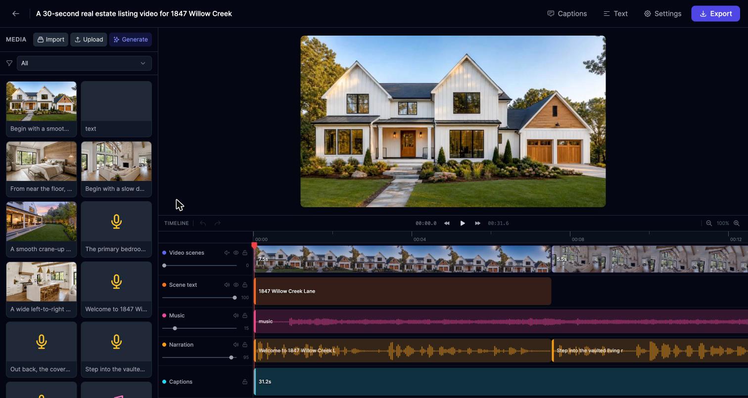 AI Video Editor timeline with the generated real estate video: scene clips, narration, music, and caption tracks