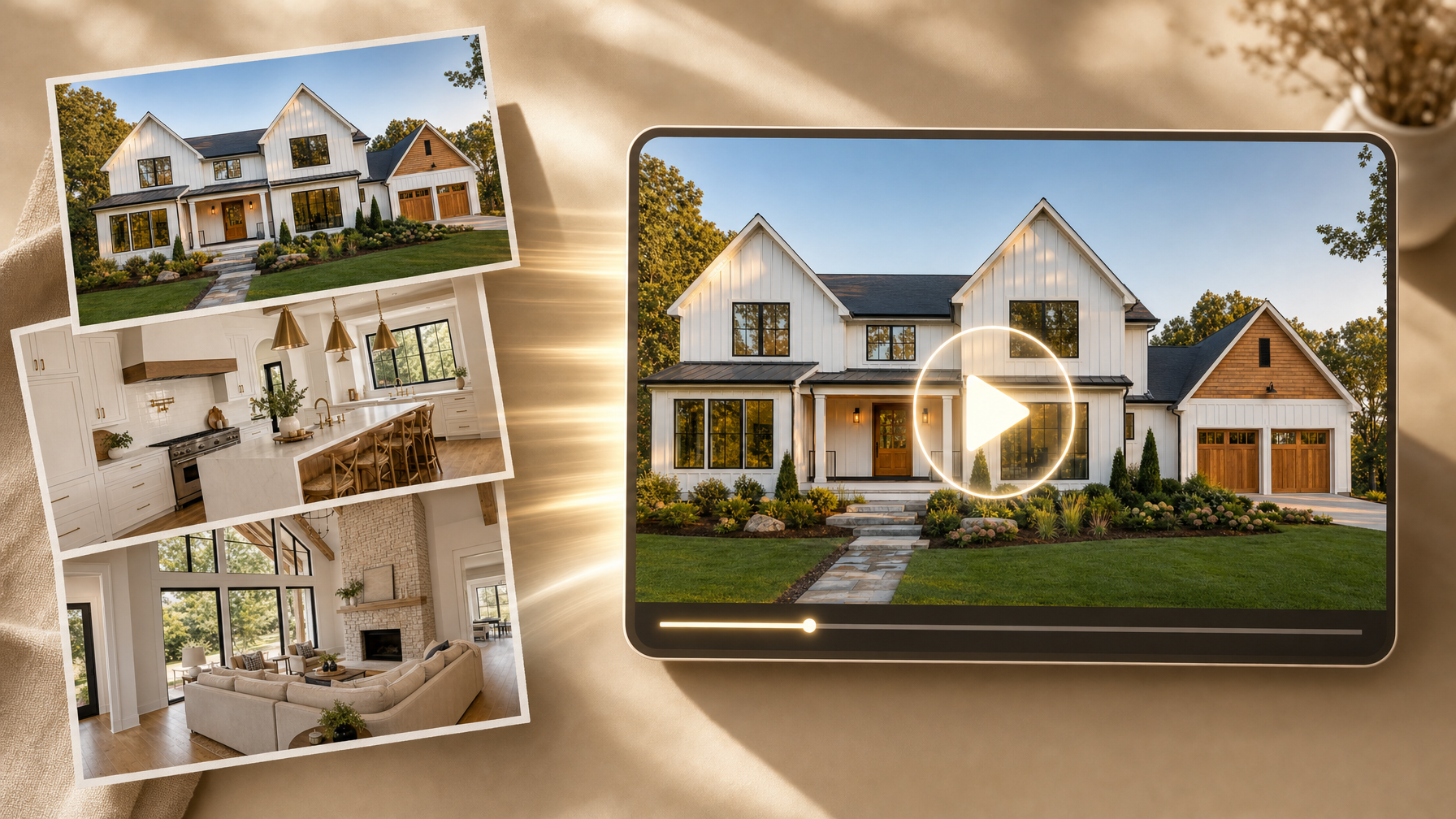 Real estate listing photos turning into an AI-generated video tour with a play button