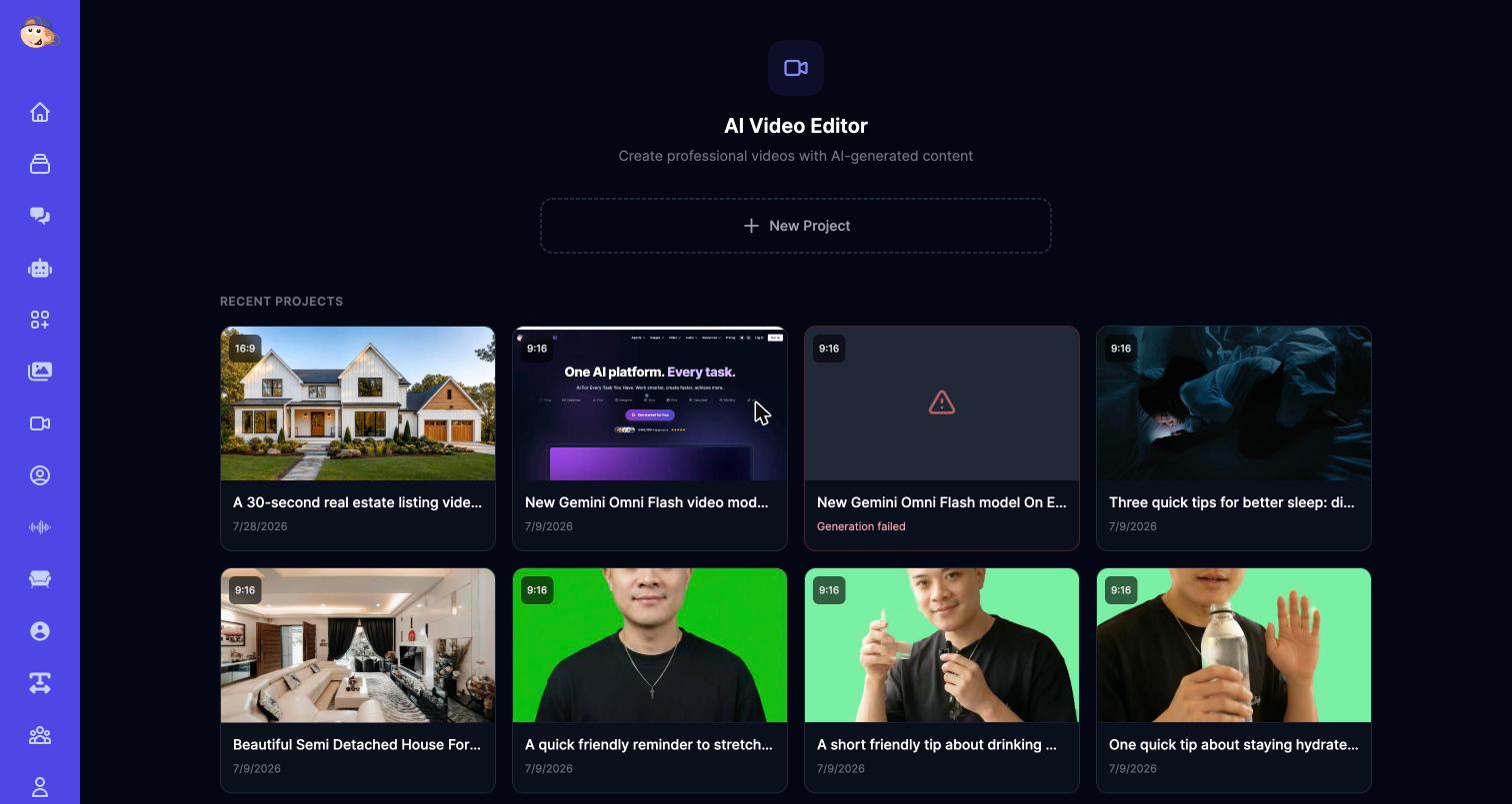 AI Video Editor gallery showing the finished real estate listing video project