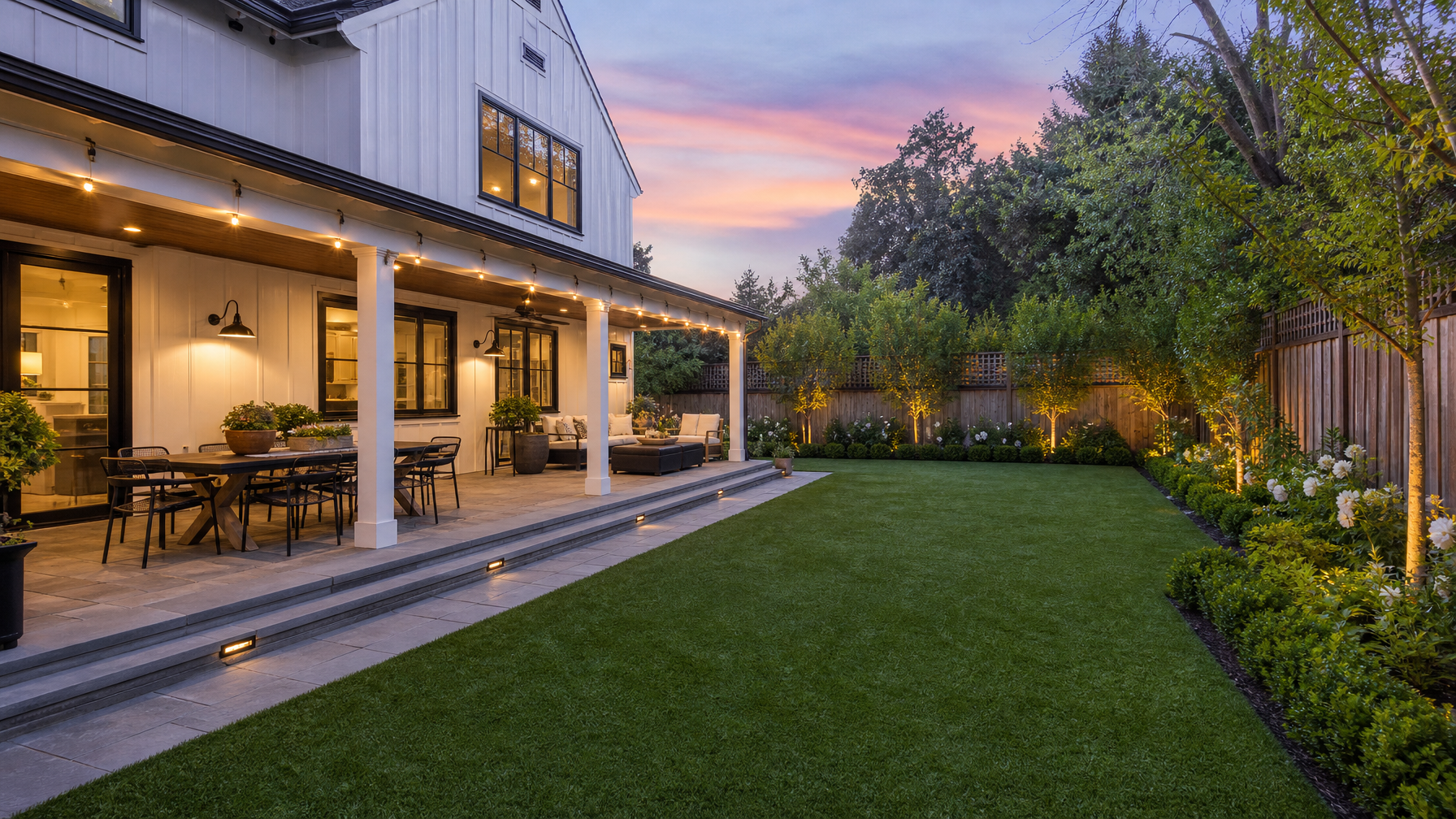 AI-generated real estate listing photo of a backyard patio with string lights at dusk