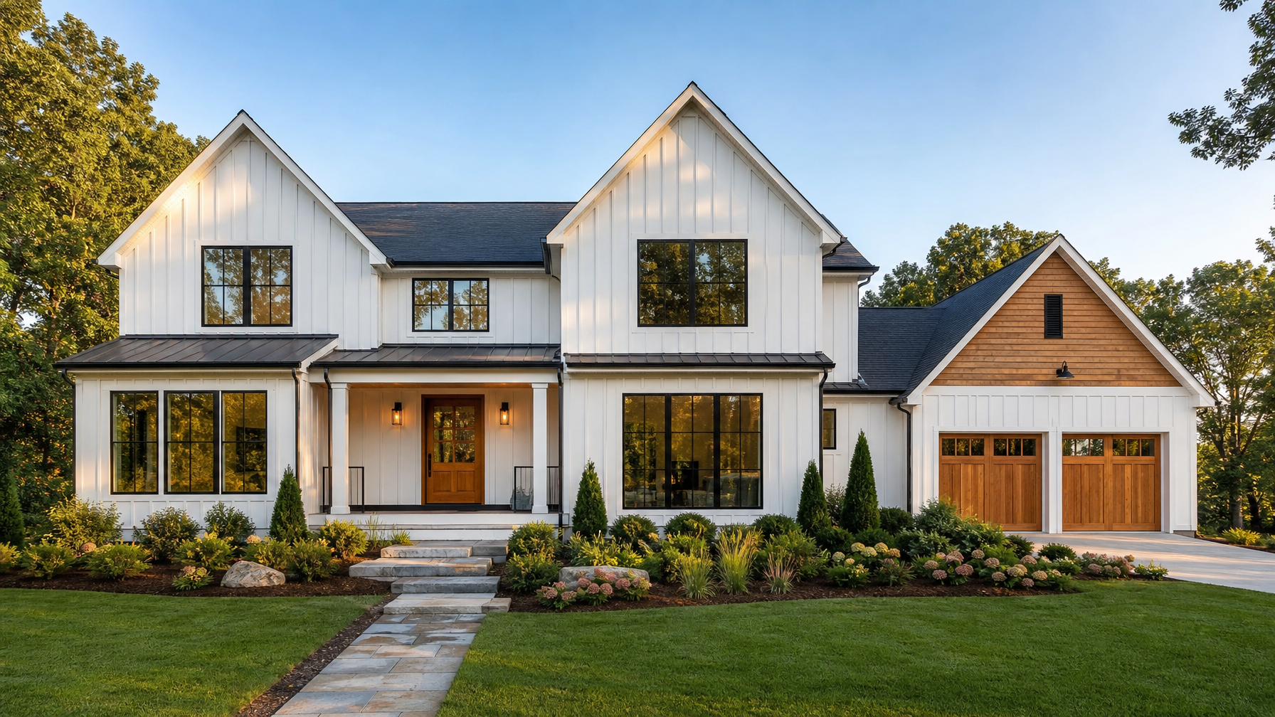 AI-generated real estate listing photo of a modern farmhouse exterior at golden hour