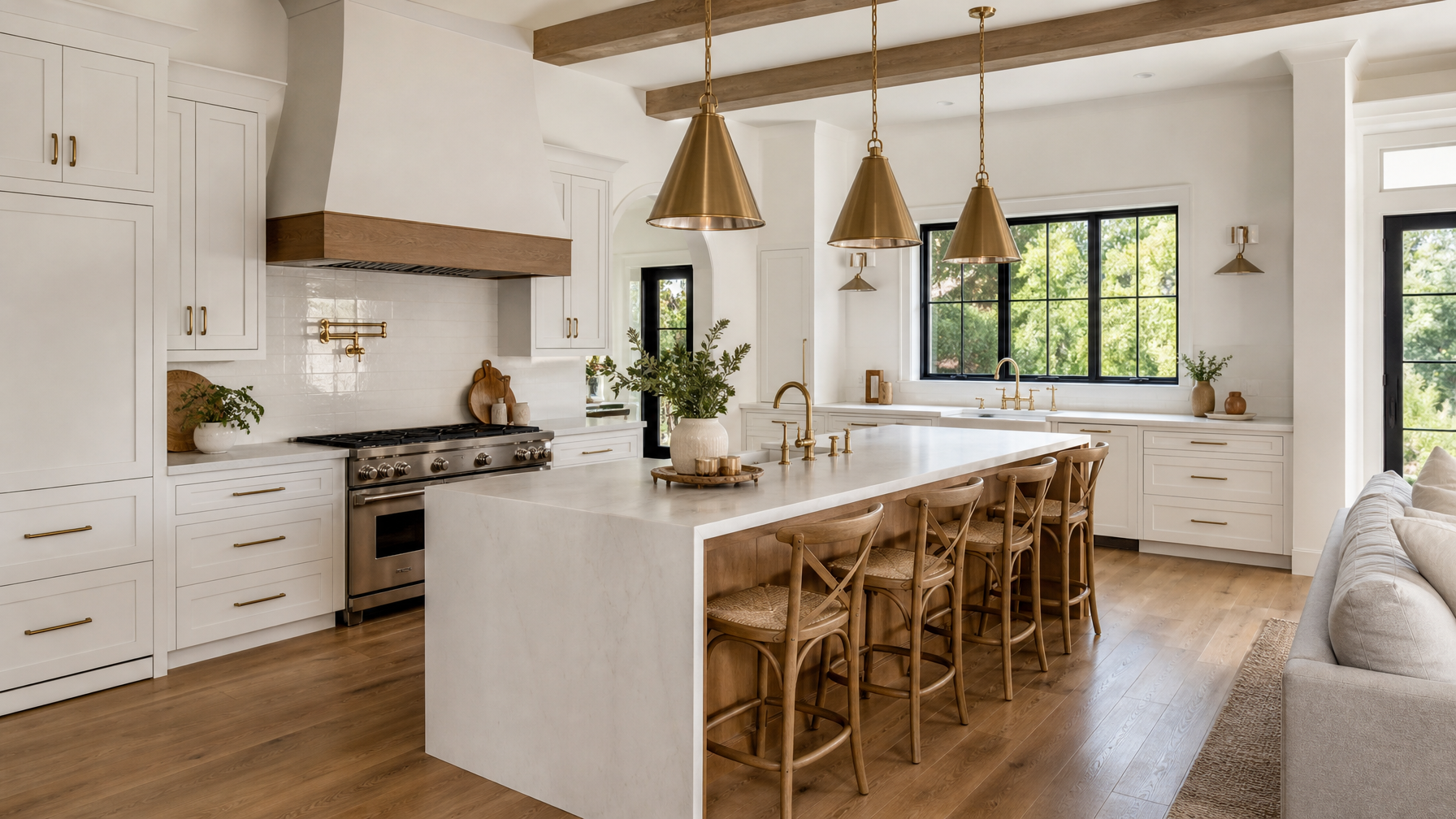 AI-generated real estate listing photo of a chef's kitchen with white oak island and brass fixtures