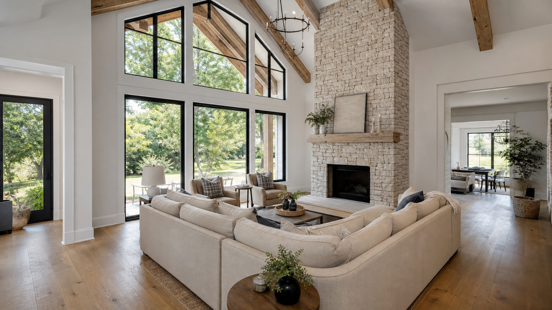 AI-generated real estate listing photo of an open-concept living room with vaulted ceilings