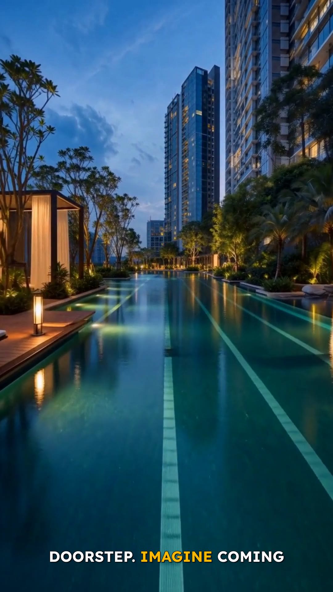 Auto-generated karaoke-style captions over an AI-generated condo pool scene in a vertical real estate reel