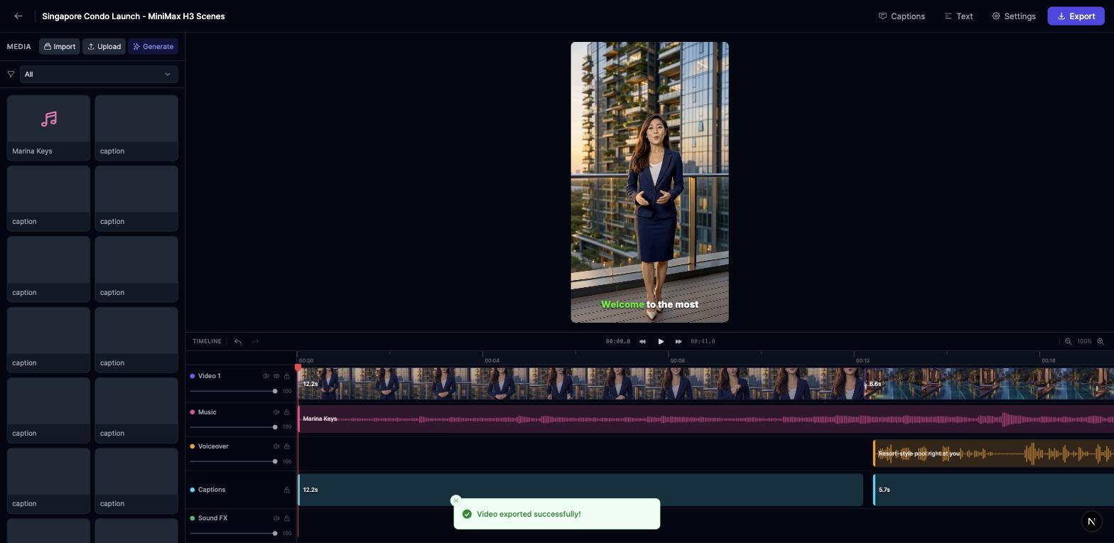 AI Video Editor timeline for a real estate reel showing five video scenes, a music track, aligned voiceovers, and auto-generated captions