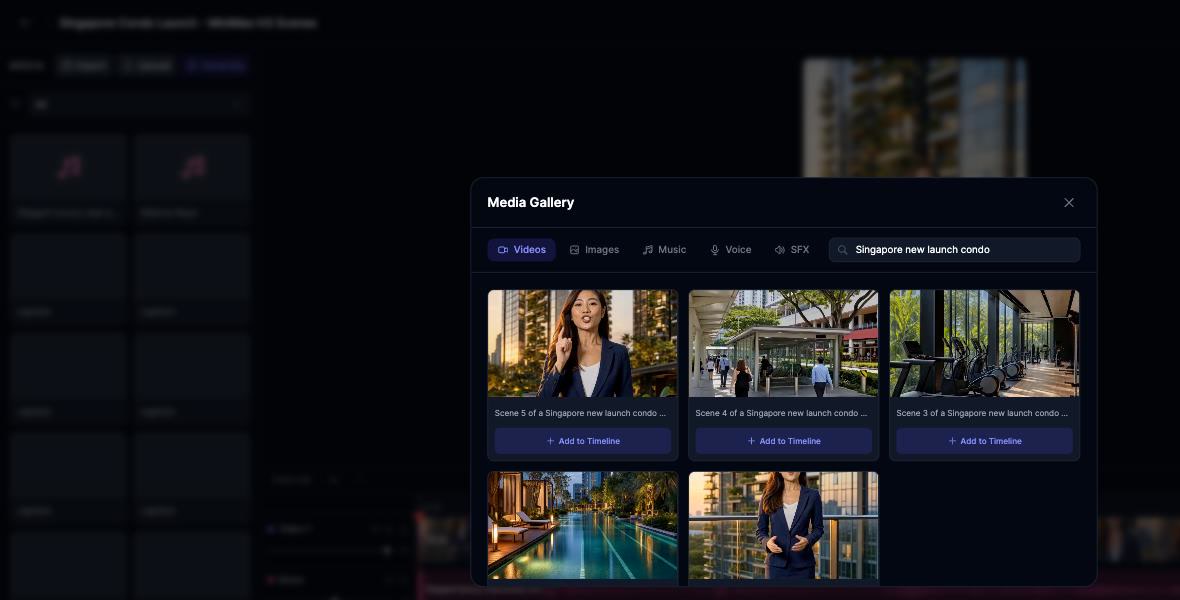 Importing MiniMax H3 scenes into the Easy-Peasy.AI AI Video Editor through the Media Gallery, filtered by prompt