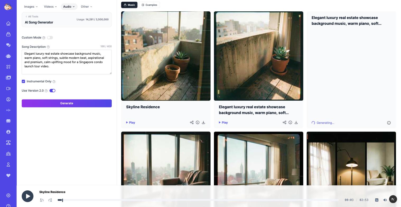 Easy-Peasy.AI Music Generator creating an instrumental background track for a real estate video