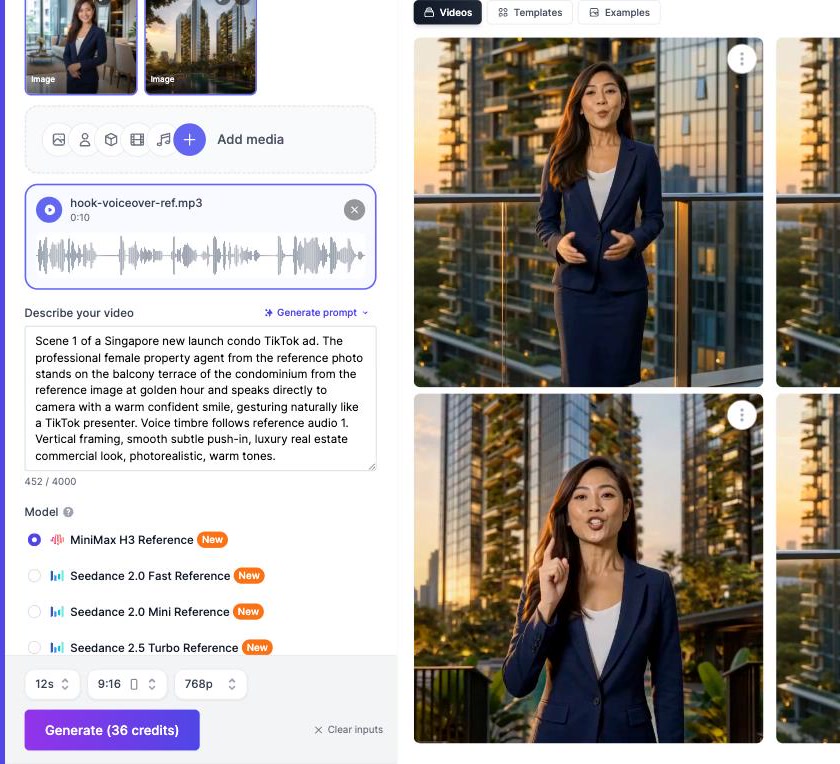 Presenter photo, condo reference image and a voiceover audio reference attached in the Easy-Peasy.AI Video Generator with MiniMax H3 Reference selected