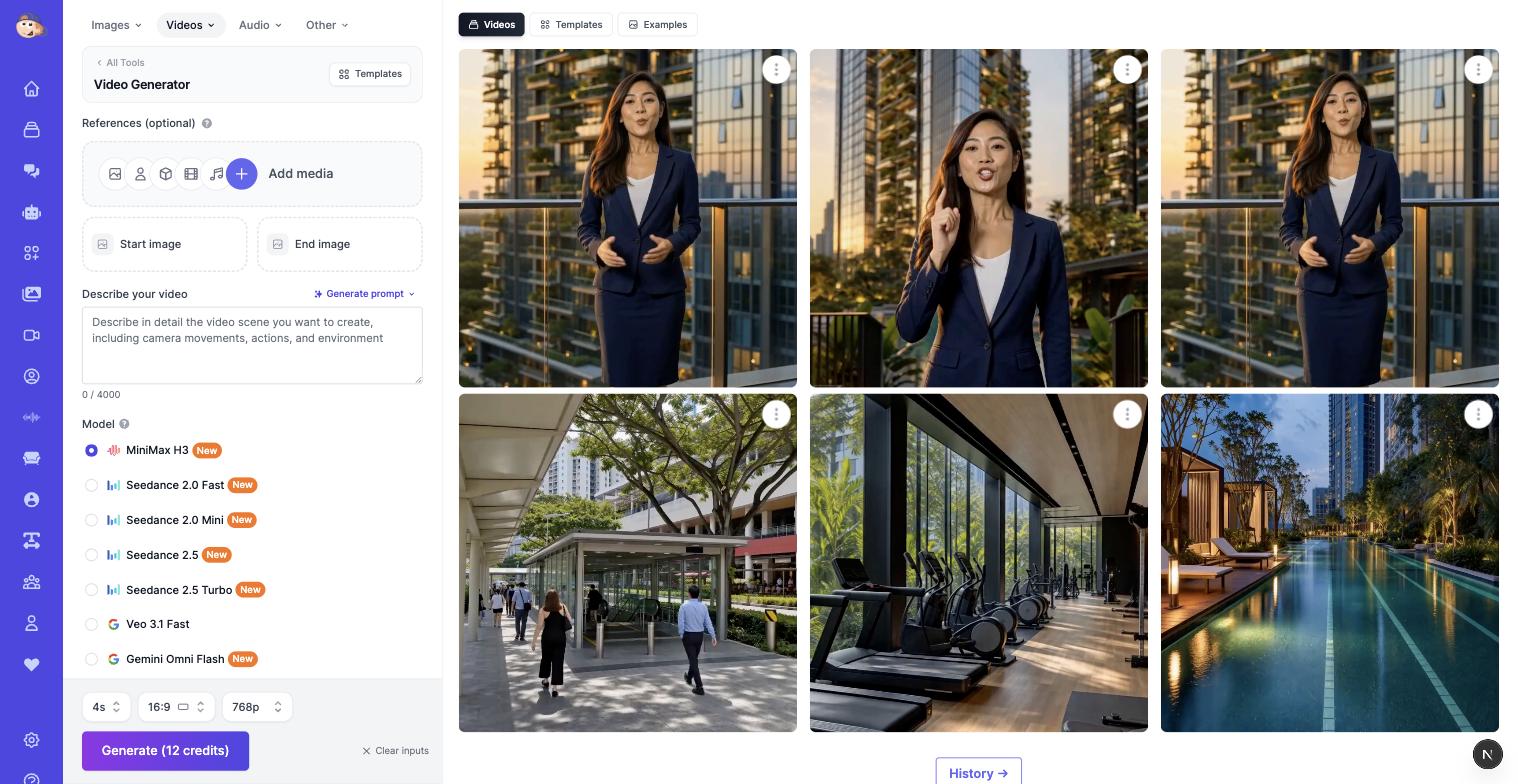 AI-generated reference images for a real estate reel in the Easy-Peasy.AI image history: agent portrait, condo towers, lap pool, gym, and MRT walkway
