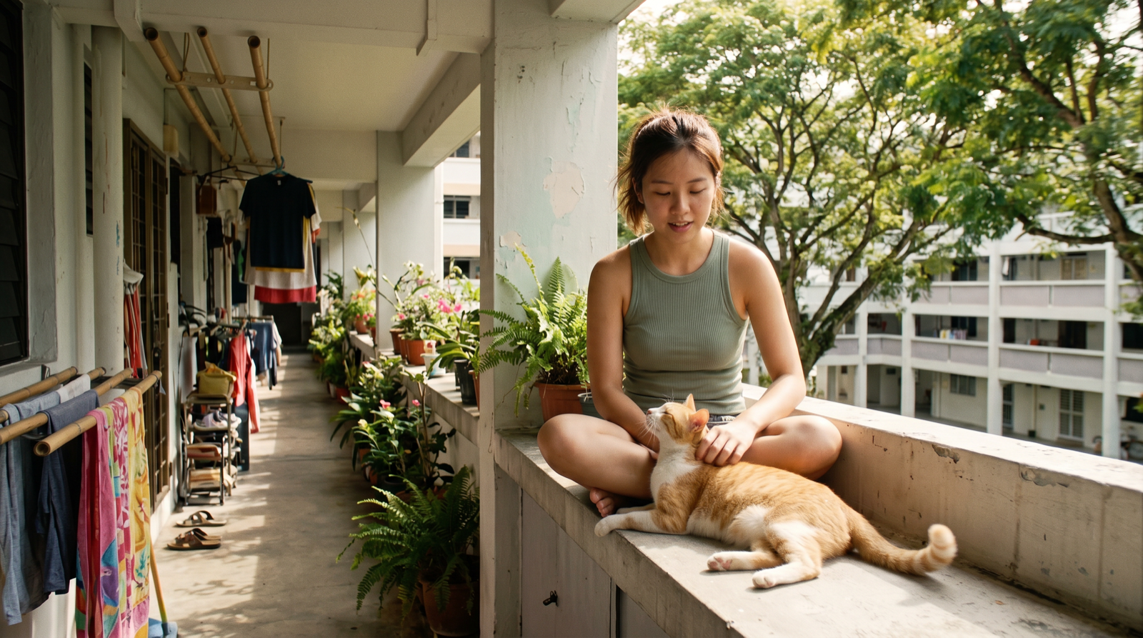 Realistic AI video style example: a young woman petting a cat along an HDB corridor in Singapore, early-2000s home video aesthetic